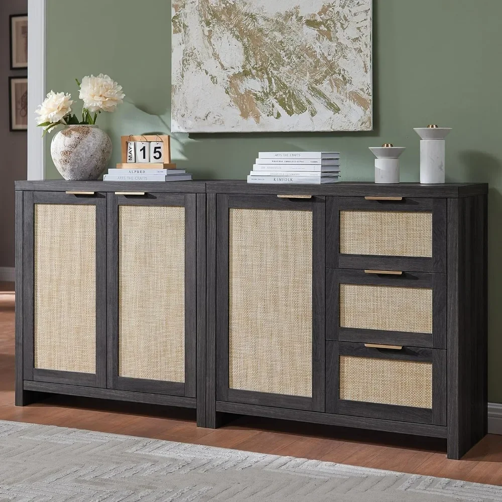 XMSJ Sideboards,Storage Set, Rattan Sideboard Buffet Cabinet with 3 Doors and 3 Drawers, 65.4