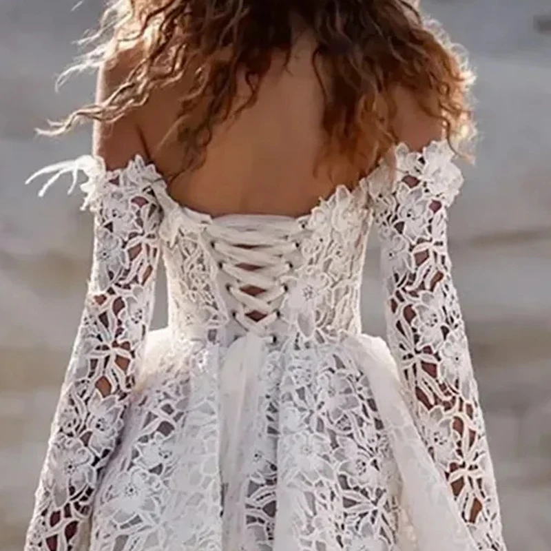 Robe de mariée blanche à épaules dénudées, en dentelle florale, ligne a, robe de bal, manches longues, Mini robe de soirée personnalisée