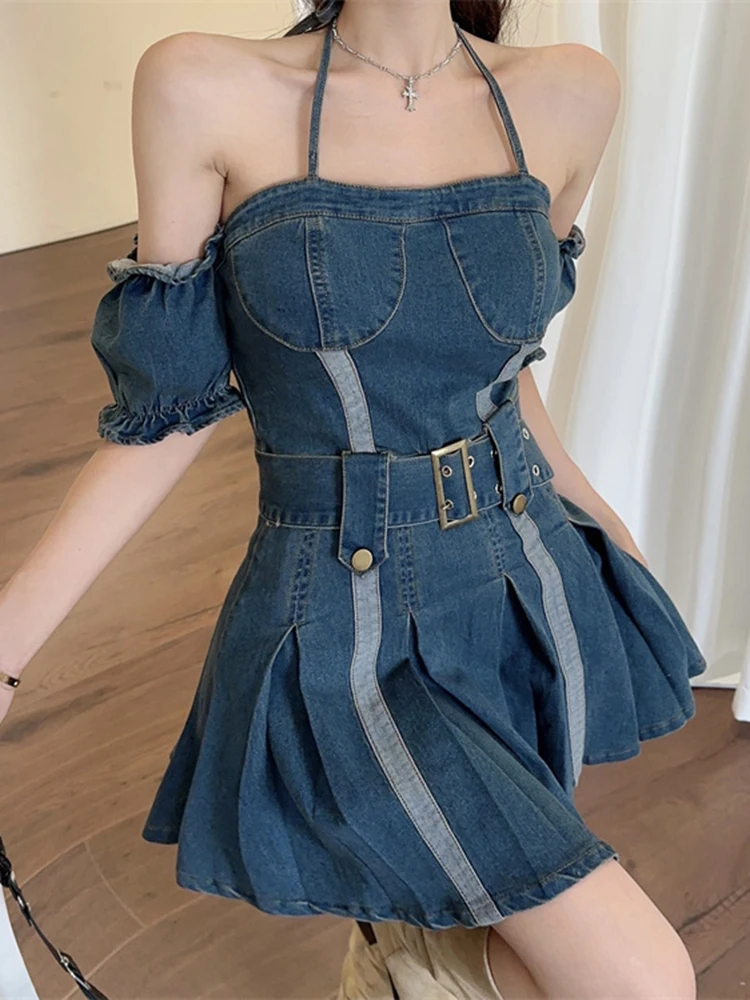 

Off Shoulder Vintage Denim Dress Female Hanging Neck Bubble Sleeves Slim Waist Ruffles 2023 New Sexy Club Backless Mini Dress