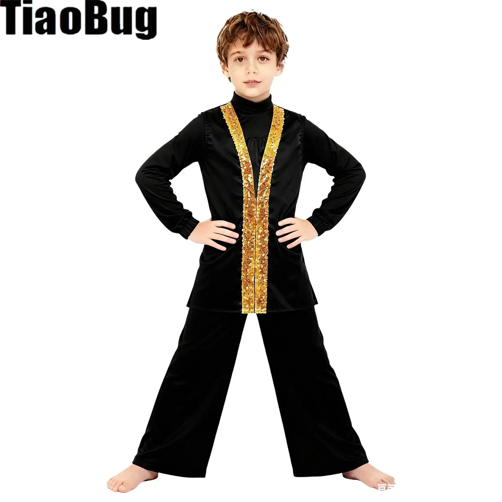 

Kids Boys Praise Dance Sets Mock Neck Zipper Satin Top with Elastic Waistband Wide-Leg Satin Pants And Sides Split Satin Robe