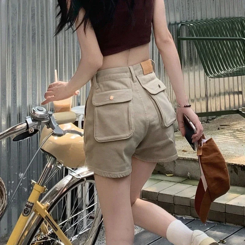 GIDYQ Khaki Cargo Denim Shorts Women Vintage High Waisted Pockets Jeans Y2k Streetwear All Match Sexy A Line Short Pants Summer