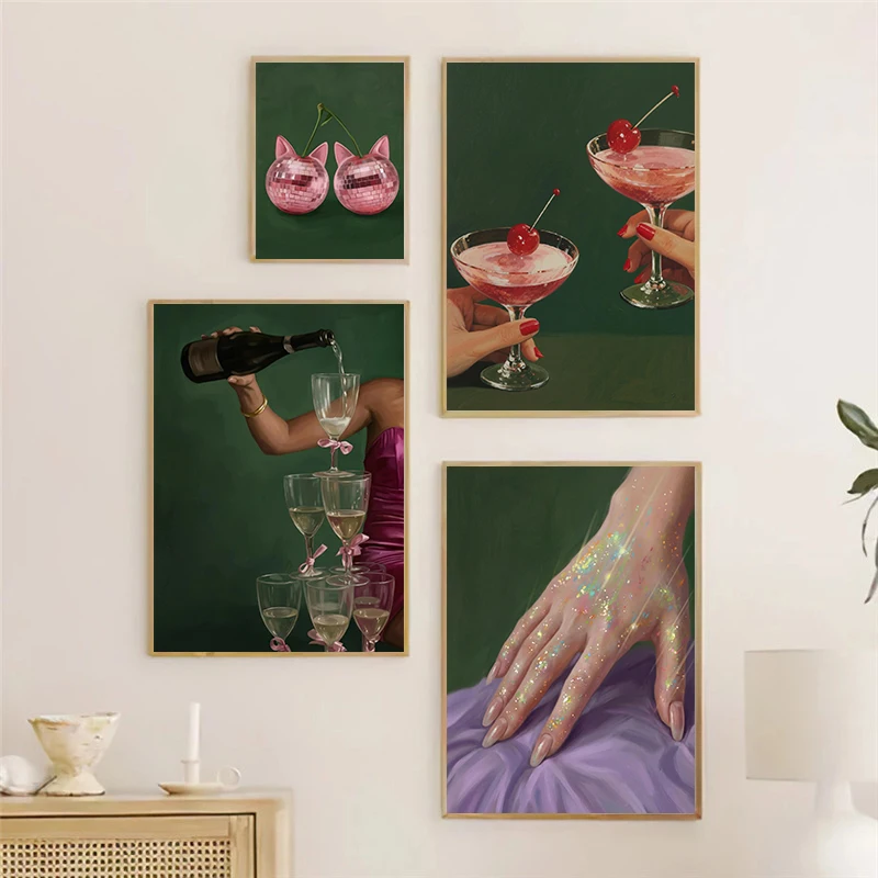 Sexy Fruit Disco Ball Head Woman Poster Minimalist Pearl Wine Glass Modern Prints Canvas Wall Art Picture Home Living Room Decor - view 2