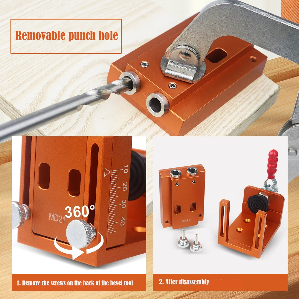 Removable  Pocket Hole Jig Kit System Hole Drill Guide Dowel Jig Oblique Hole Locator Drilling Kit For Cabinet Furniture Wood