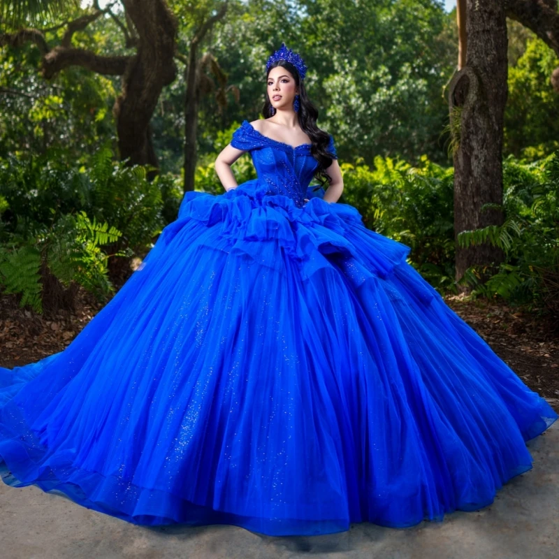 

Royal Blue Shiny Quinceanera Dresses Off Shoulder Ball Gown Sweet 16 Dress Applique Beading Crystal Tull Birthday Party Vestidos