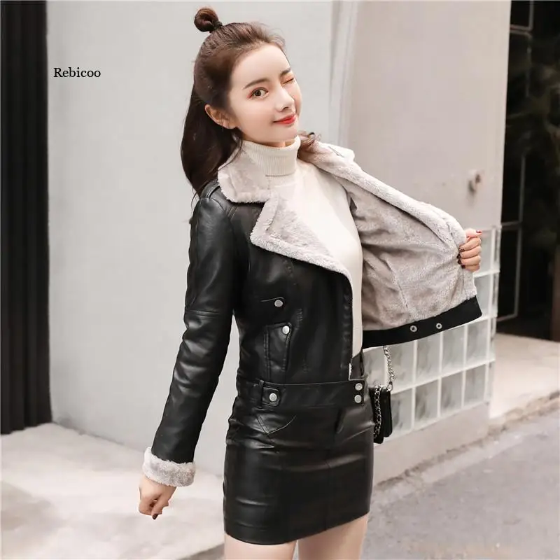 

Faux Fur Coat Women Leather Jacket Autumn Winter Warm Plush Thick Outerwear Ladies Wool Fur Collar Basic Jackets