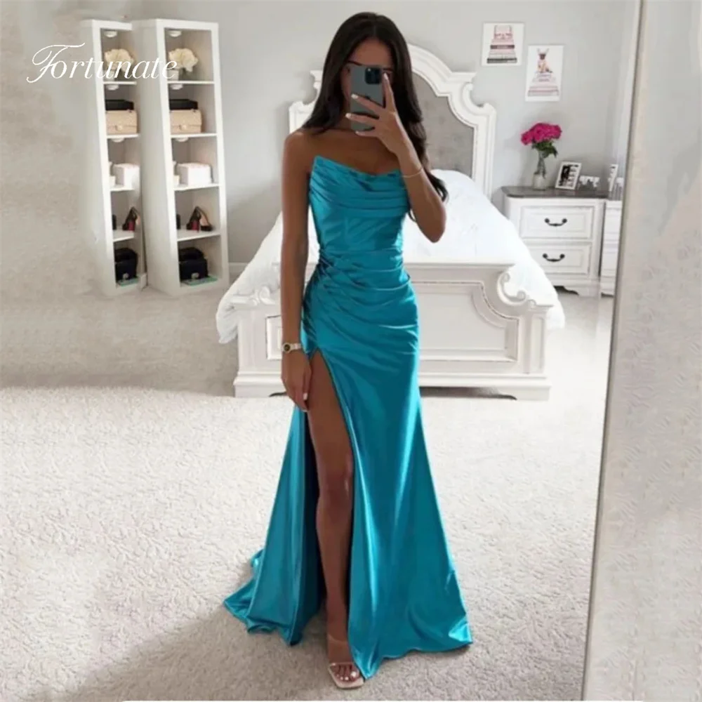 ที่กําหนดเองสีCandy StraplessจีบMermaidซาตินชุดราตรียาวสูงด้านข้างSilt Backless Evening Party Gowns 2025