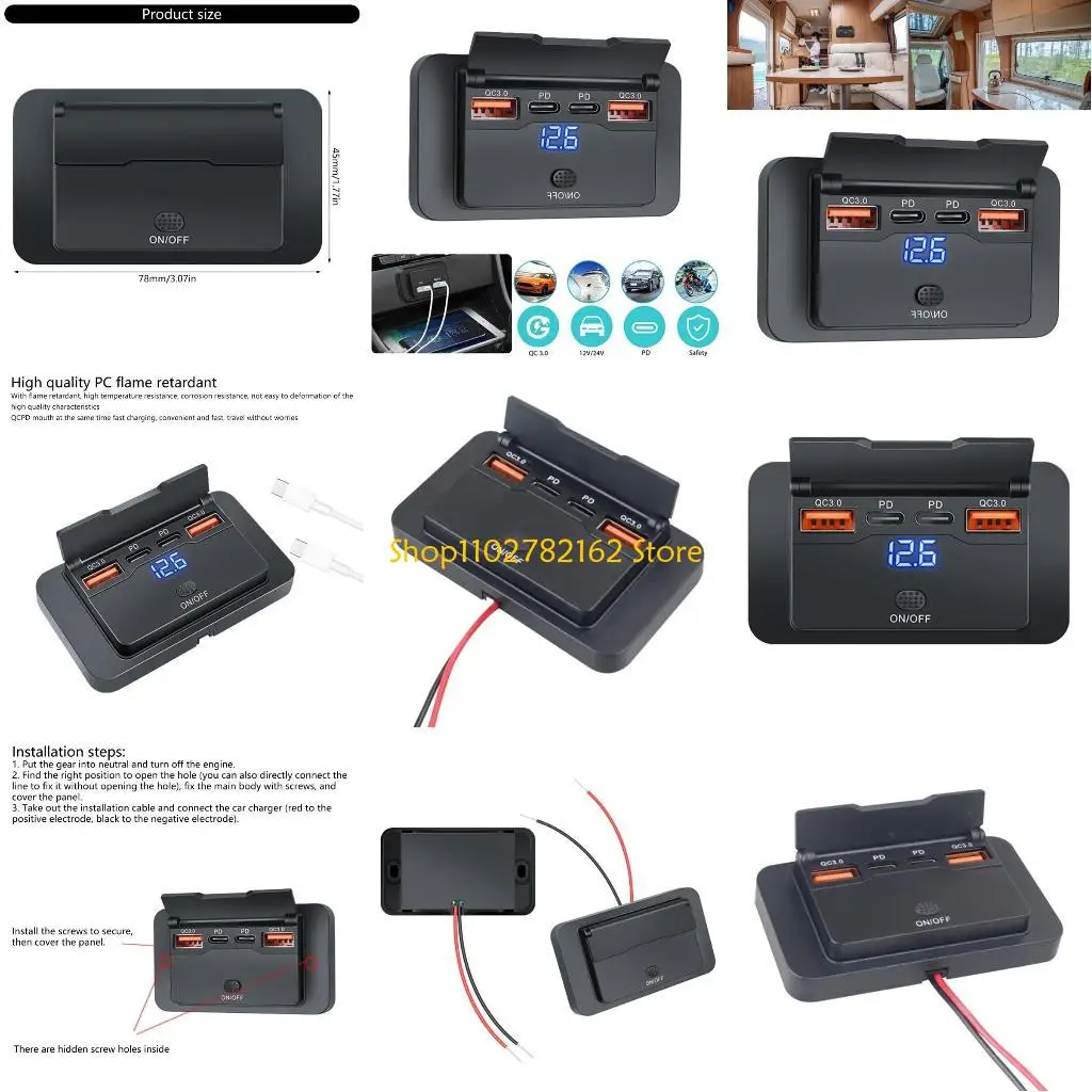 

547B 12V/24V Type C USB Outlet Power Switch Double PD3.0 QC3.0 Quick Socket Motorcycle Accessoires for Car Marine Boat