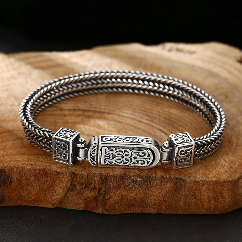 925 Sterling Men'S And Women'S Woven Arabesque Pattern Bracelet, Thai Silver Vintage Jewelry