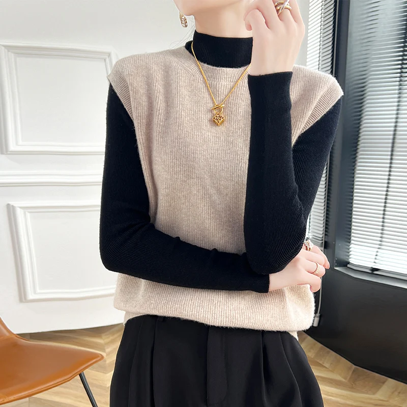 Женский мягкий 100% мериносовая шерсть, модный однотонный вязаный жилет с круглым вырезом, свитер без рукавов, мягкий пуловер, кашемировый базовый топ
