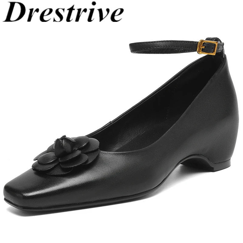 

Drestrive 2025 New Handmade Women's Pumps Sheepskin Kid Suede Flower Buck Square Toe Thick Built-in Heels Autumn Shoes