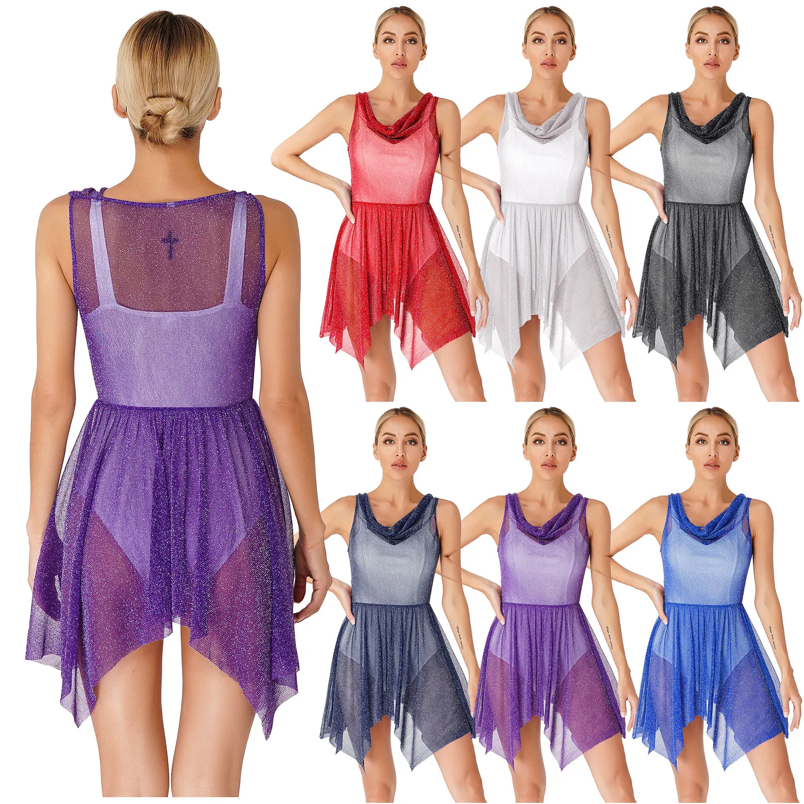 Women Teen Worship Praise Dance Tunic Glittery See-Through Liturgical Overlay Lyrical Dance Dress Dancewear Choir Performance