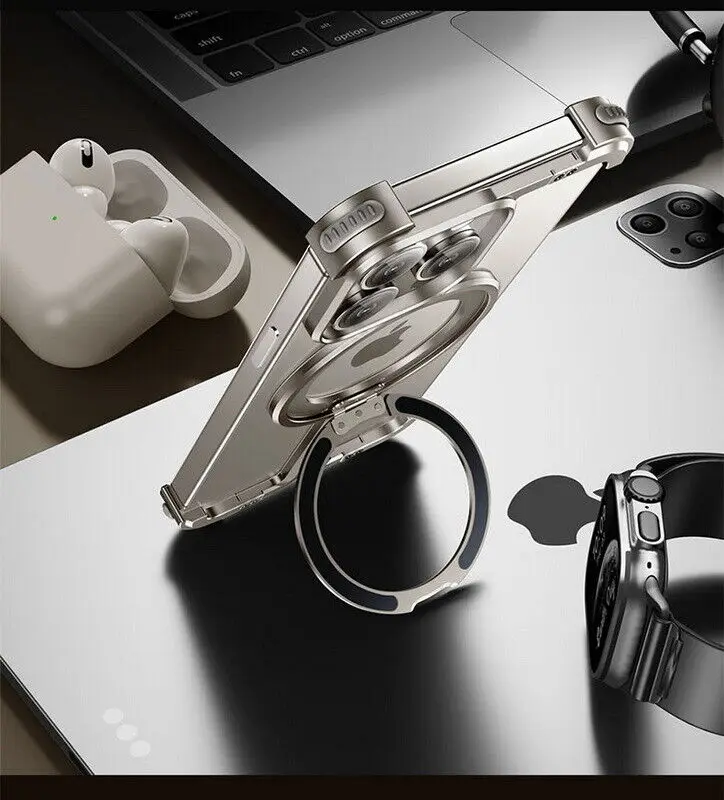 Aluminum Alloy Magnetic Frame Phone Case For iPhone 15 Plus 14 13 12 Pro Max Metal Ring Holder Hard Corner Protect Funda Cover