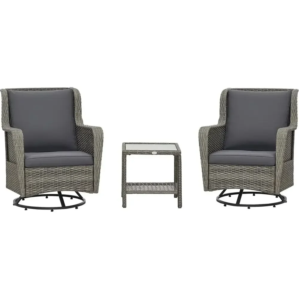 Gray Wicker Outdoor Bistro Set with Glass Top Table and Swivel Chairs for Patio, Balcony, Garden