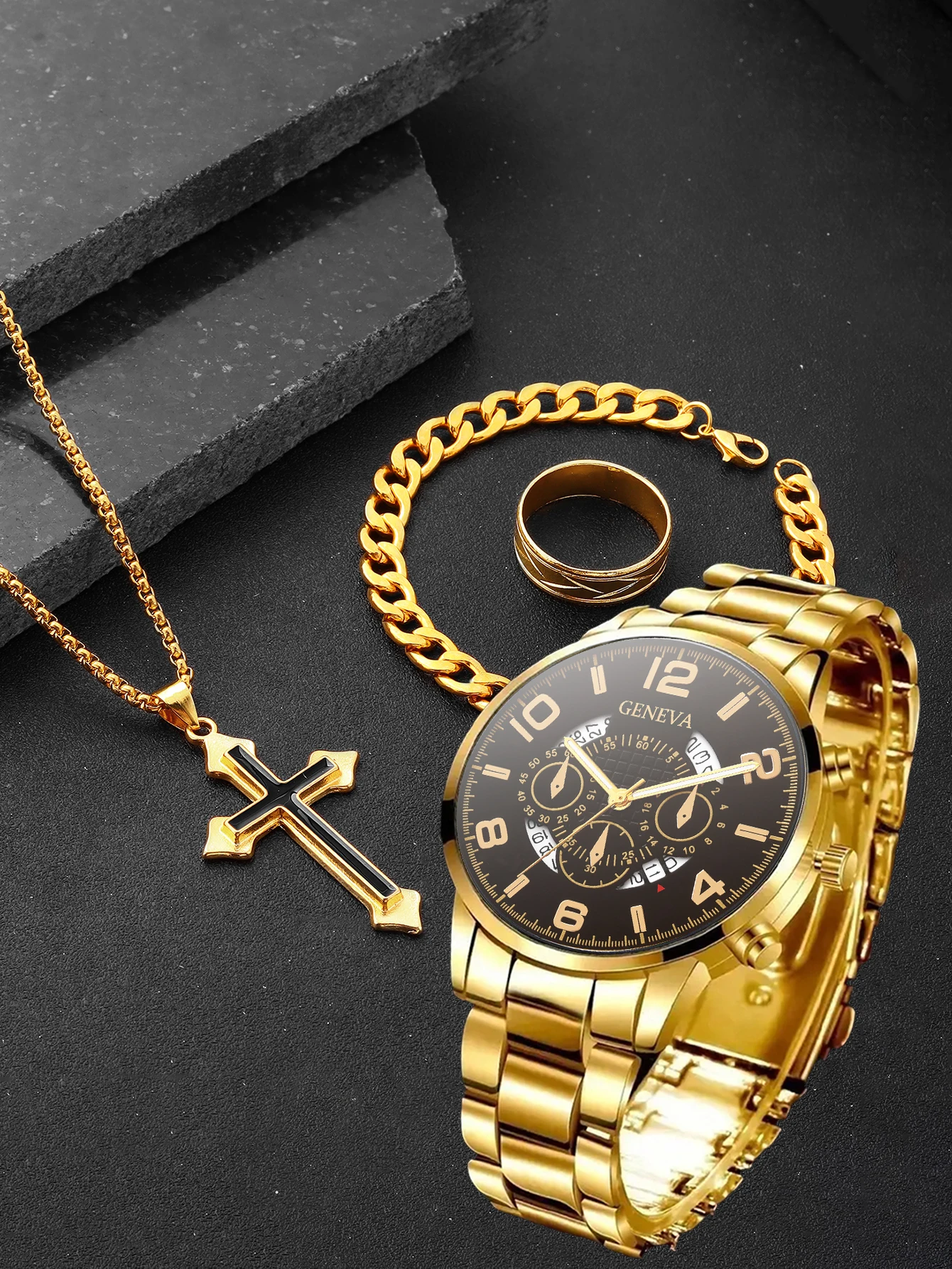 Men's Casual Fashion Quartz Watch And Cross Set with Calendar Feature Birthday Gift - No Box Included