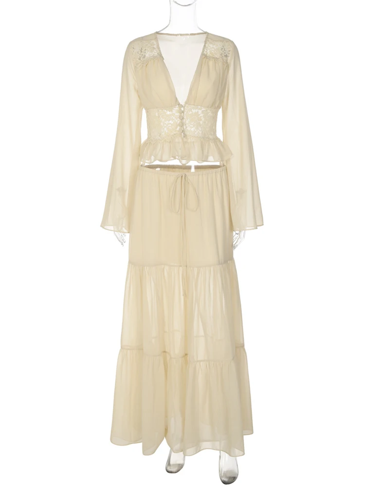 Fantoye-Conjunto de falda de gasa transparente para mujer, retales de encaje, cuello en V, manga acampanada, cárdigan con volantes, falda larga con cordón, traje a juego