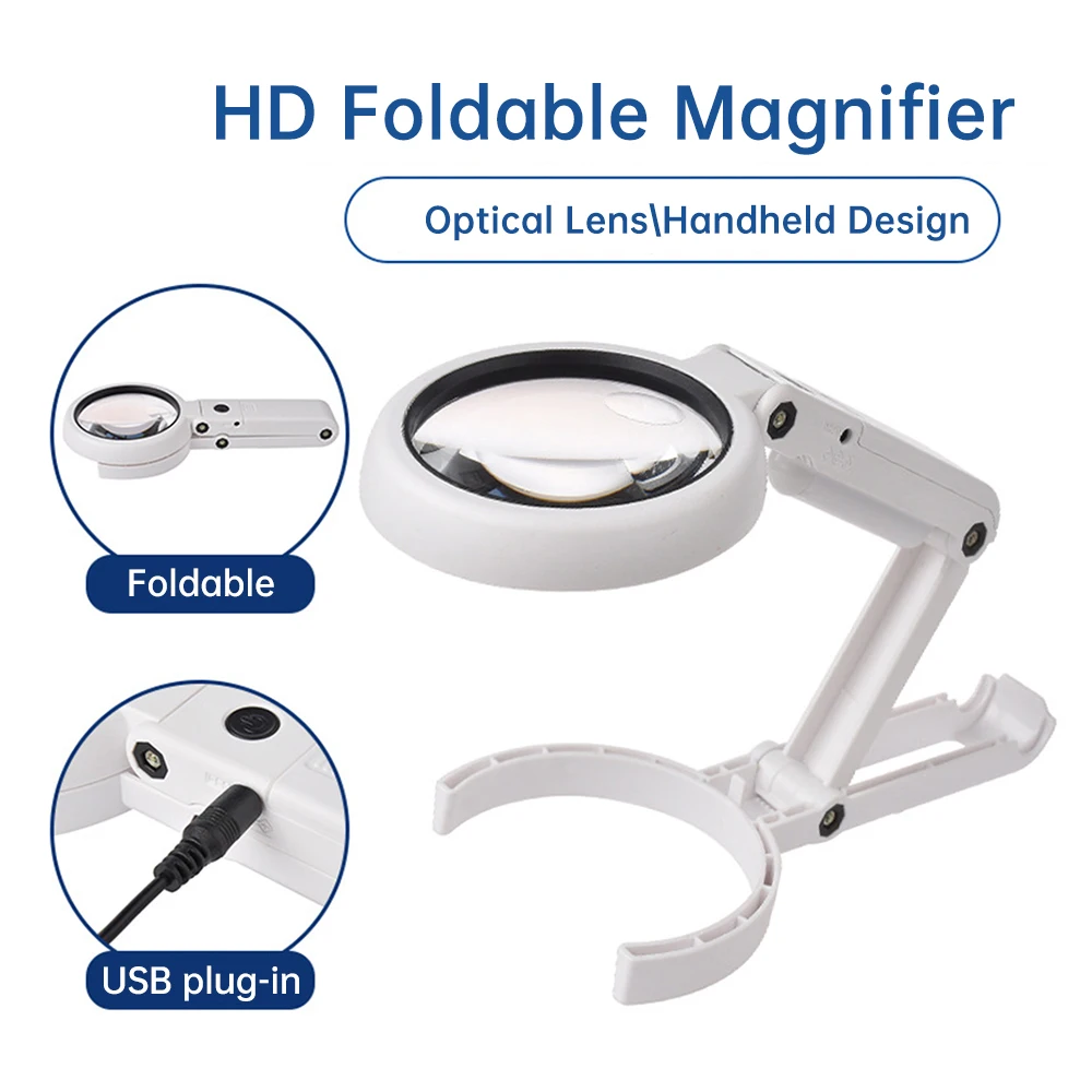 5X/11X Handheld Magnifier with LED Light and Stand USB Powered Illuminated Magnifying Glass for Electronics Repair Hobby Tool