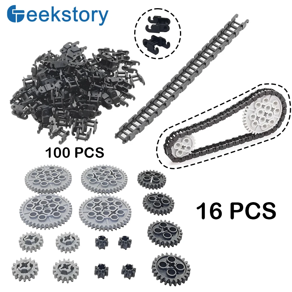 100pcs Link Chain Bricks Technical Parts Gear Set 3711 14696 10928 51416 3648 3649 for MOC Building Blocks Train Toys