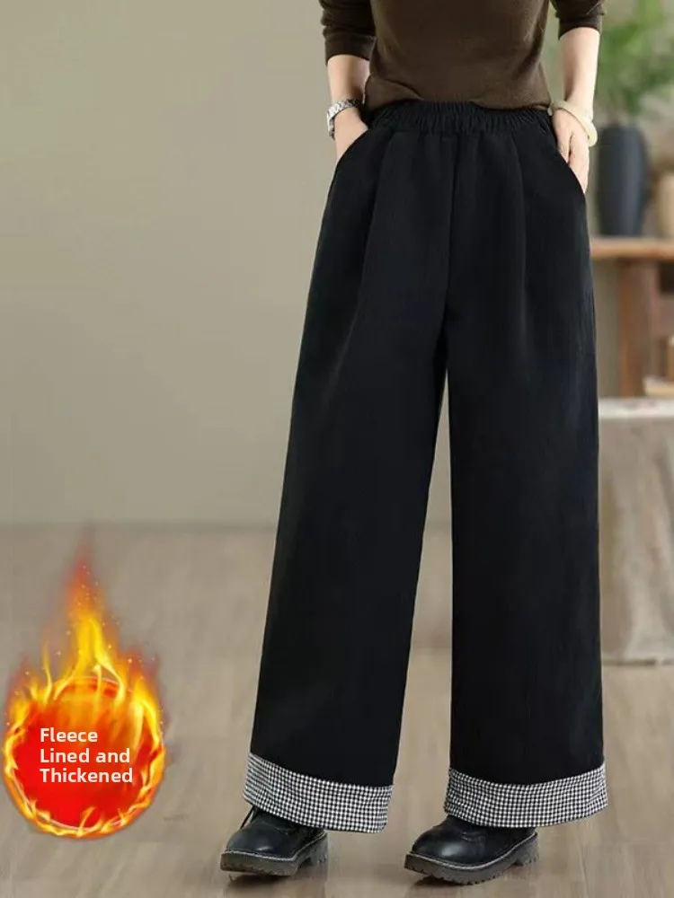 กางเกงขายาวทรงตรงเอวสูงผ้าทวีตลายสก็อตสำหรับผู้หญิงใส่สบายในฤดูหนาว