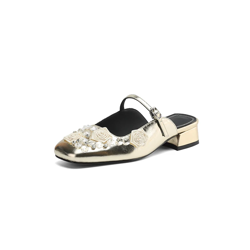 

Vintage Chunky Heel 3cm Closed Toe Slippers Genu Cow Leather Single Strap Buckle Crystal Rubber Sole Slip-On Black Silver Gold