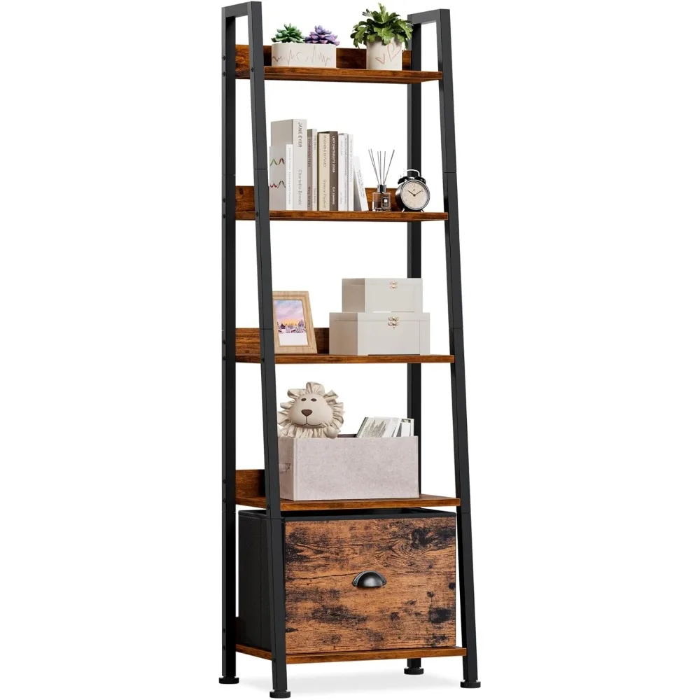 

5-Tier Ladder Shelf, Ladder Bookshelf with Removable Drawer, Rustic Bookcase Storage Rack Organizer, Wood Metal Freestanding