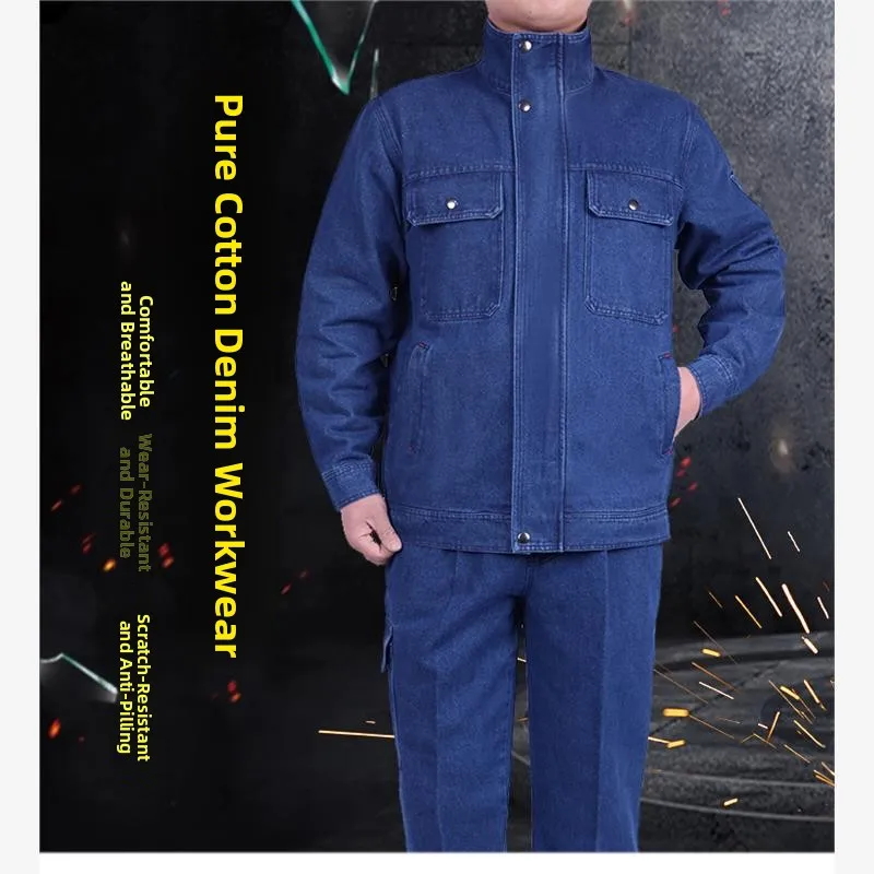 Set da Lavoro in Denim con Colletto Rialzato in Puro Cotone per Uomo, Tuta Resistente all'Usura e Anti-Scottatura per Riparatori