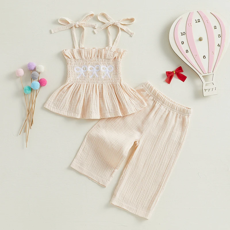 

Suefunskry Toddler Girls 2Pcs Outfits Bow Embroidery Sleeveless Camisole and Elastic Waist Pants Set Baby Summer Clothes