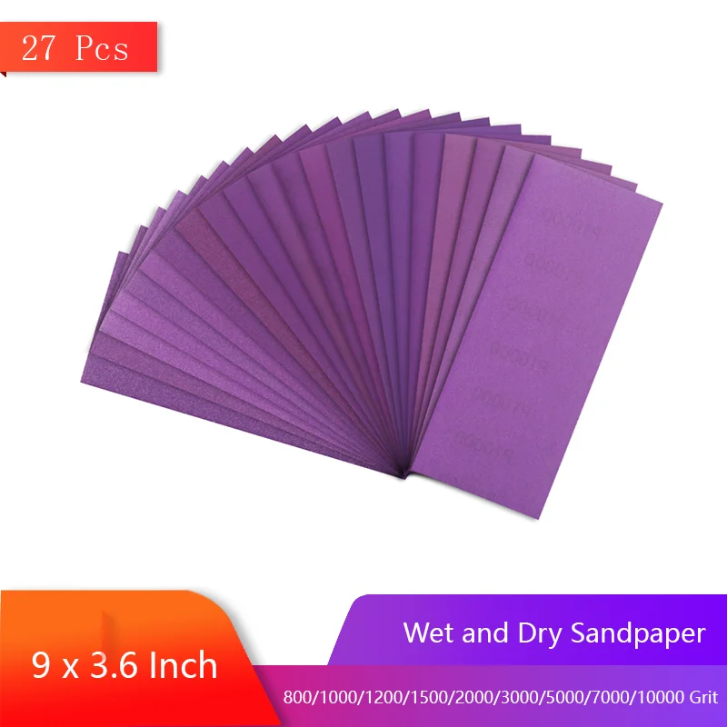 Support et papier de verre sec assortis, 9x3.6 pouces, grain 800, 1000, 1200, 1500, 2000, 3000, 5000, 7000/10000, automobile, bois, métal, polissage