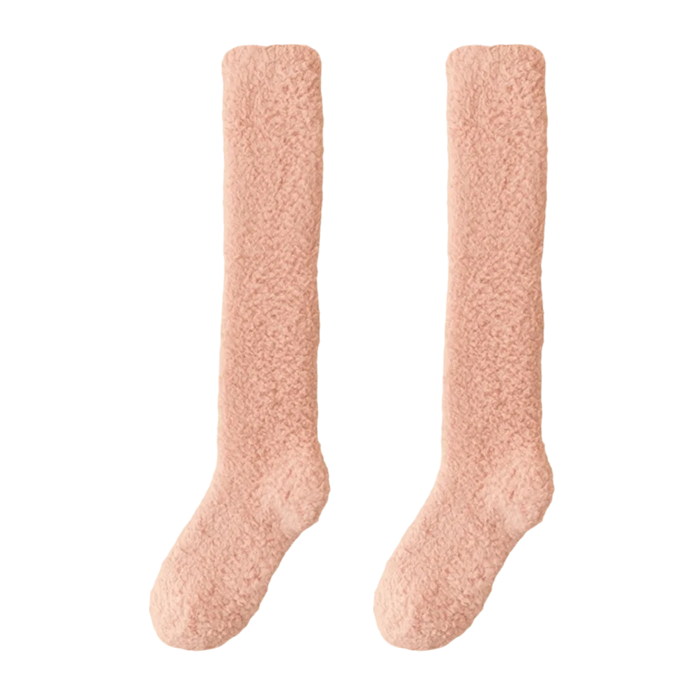 New Coral Fleece Knee High Socks Thickened Stretchy Fuzzy Long Socks Solid Warm Thigh-high Stockings Home Lounging