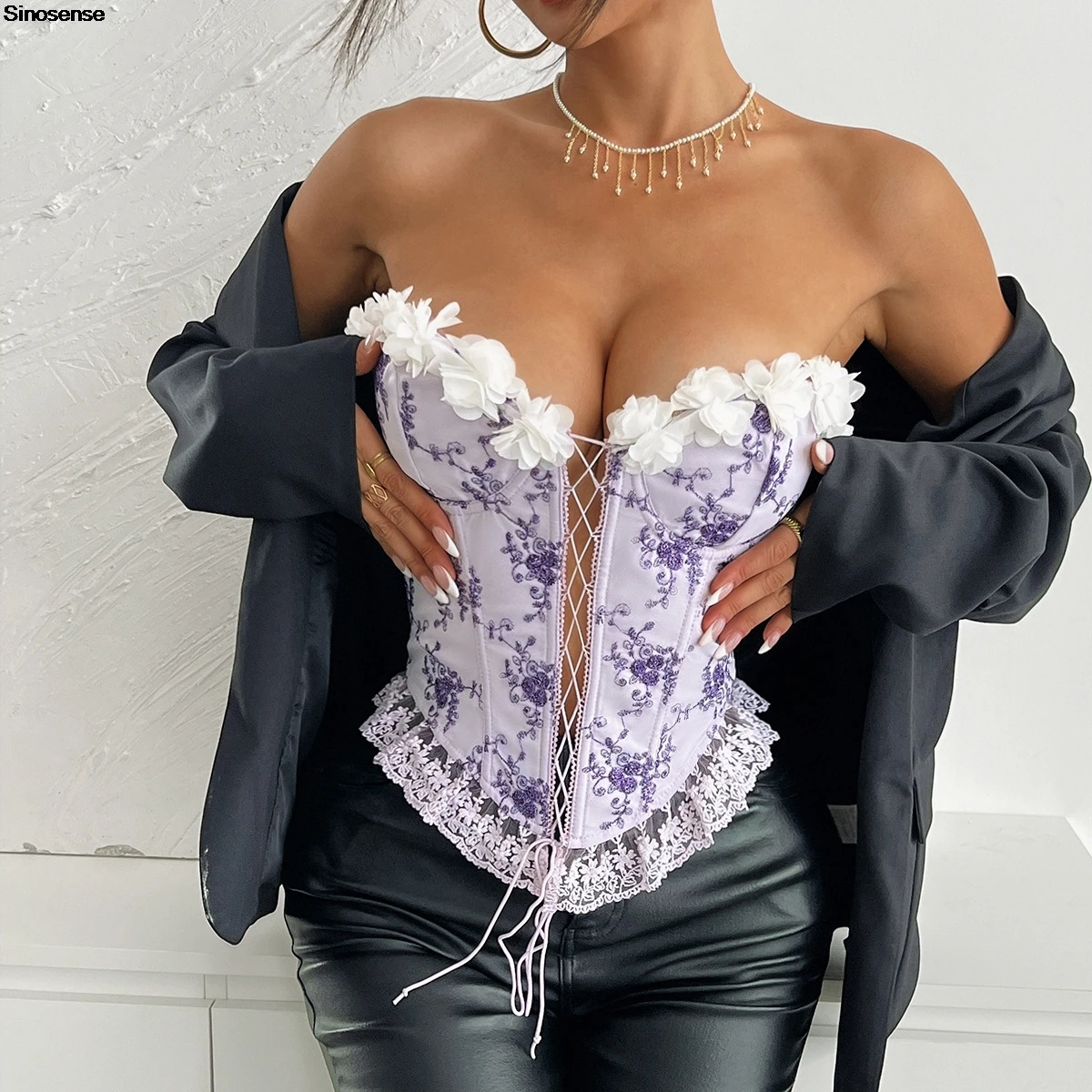 Women Lace up Shapewear Corset Tube Top Floral Embroidery Ruffle Hem Boned Overbust Corset Bustier Y2K Night Out cLub Party Tops