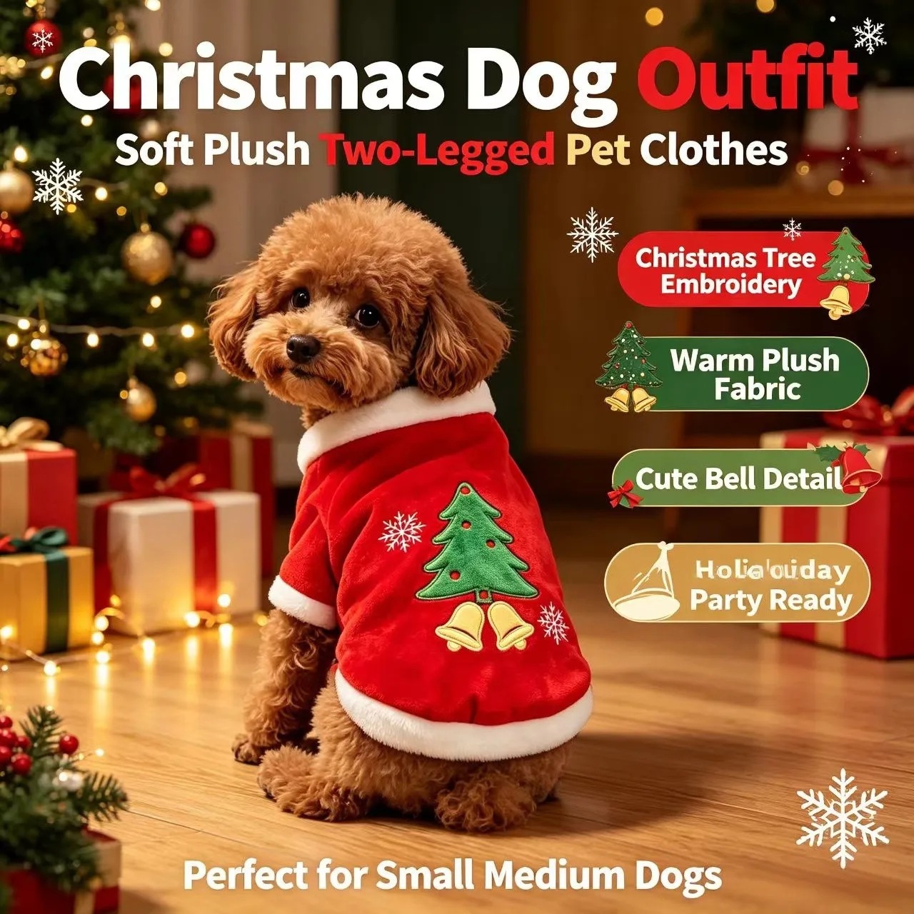 Christmas Dog Cat Vest, Fleece Warm Pet Holiday Costume, Christmas Tree Santa Hat Vest for Teddy Bichon Dogs Cats