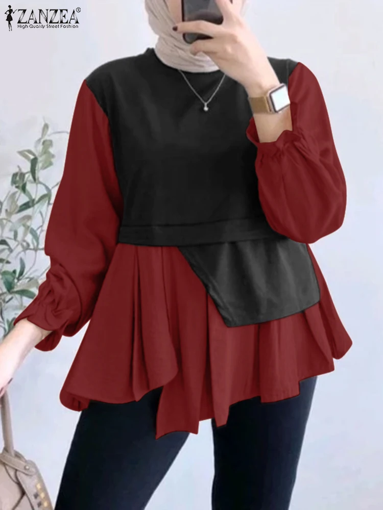 ZANZEA Langarm Muslimische Mode Tunika Tops Islamische Frauen O Neck 2024 Herbst Blusen Asymmetrische Saum Gefälschte Zwei-stück Blusas Mujer