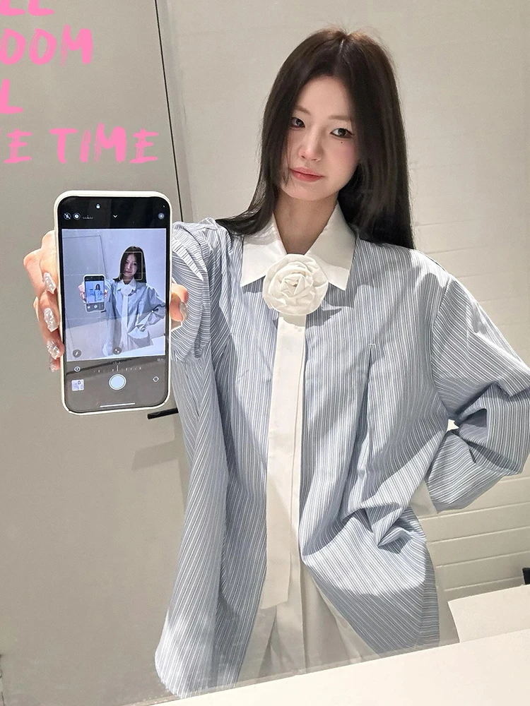 

Blue Striped Loose Fit Women's irt Summer Patchwork Sun Protection Outerwear Street Sle Chic Top Trendy Long Sve Butto...