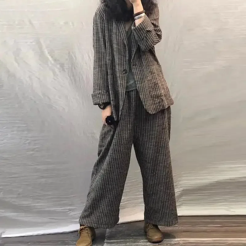 2023 Spring Autumn Women Suit Large Size Casual Suits Fashion Art Retro Loose 2 Piece Set Women Suit Blazer and Pants Linen Set