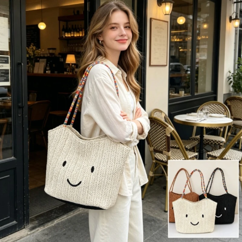 

2026 Summer Colorful Woven Straw Bag, Large Capacity Beach Tote & Unique Bucket Shoulder Handbag for Women
