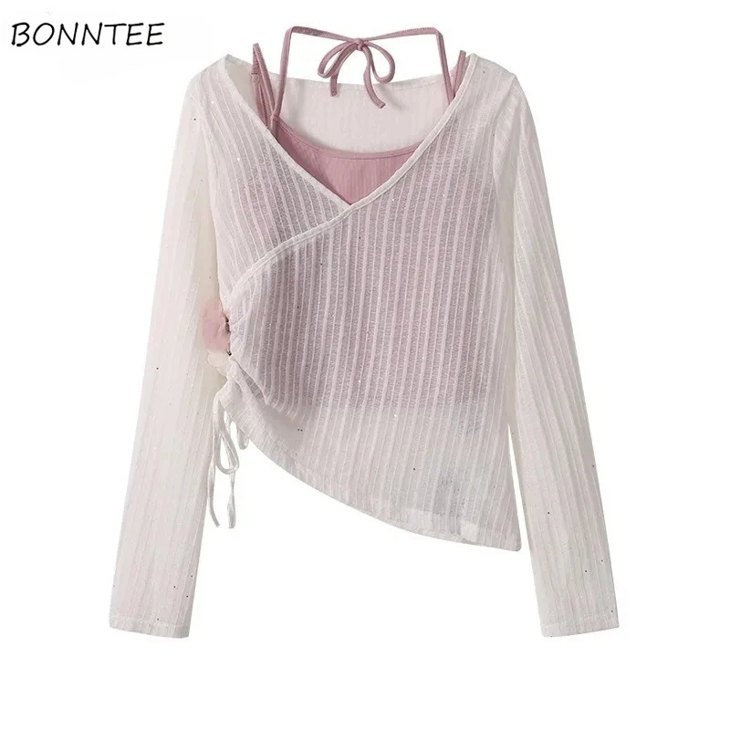 Long Sleeve Sets Women Summer Sun-proof Hotsweet Girls Holiday Shirring Irregular Fashion Trendy Korean Style Casual Daily Cozy