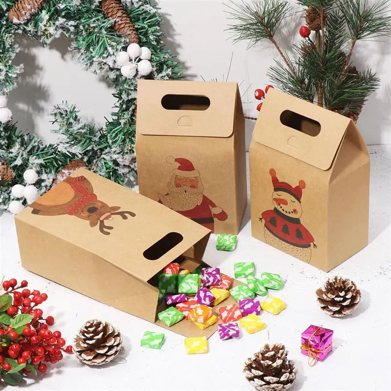 

4Pcs Christmas Candy Gift Box with Tag Kraft Paper Cookie Snack Packing Bags Xmas Home Decoration New Year 2025 Party Supplies