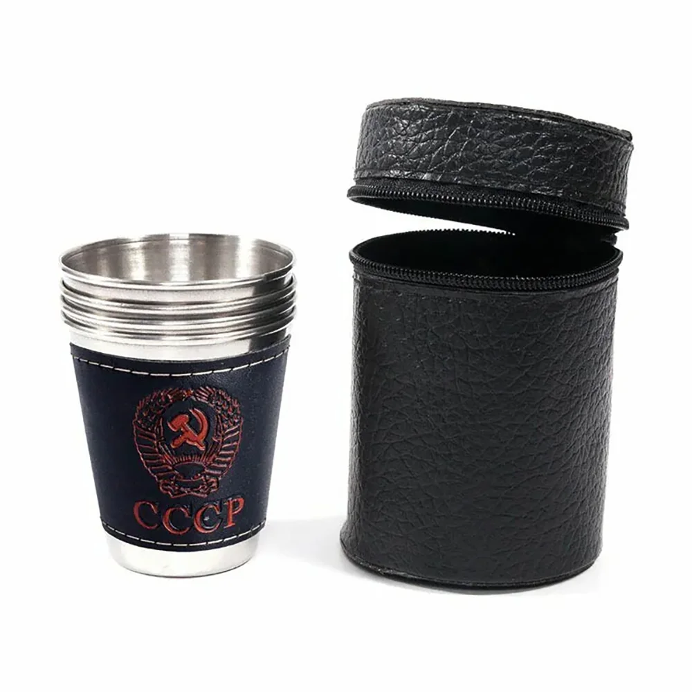 4pcs 75ml Outdoor Travel Cups Set Camping Tableware Stainless Steel Cup with PU Leather Portable Coffee Wine Beer Whisky Cup