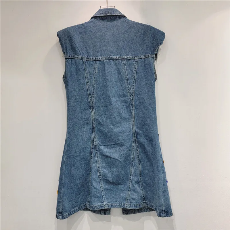 ANJY صيف جديد إمرأة خمر أنيق مطرز الماس أكمام بدوره إلى أسفل طوق واحدة الصدر جيب الدنيم فستان قصير A7767