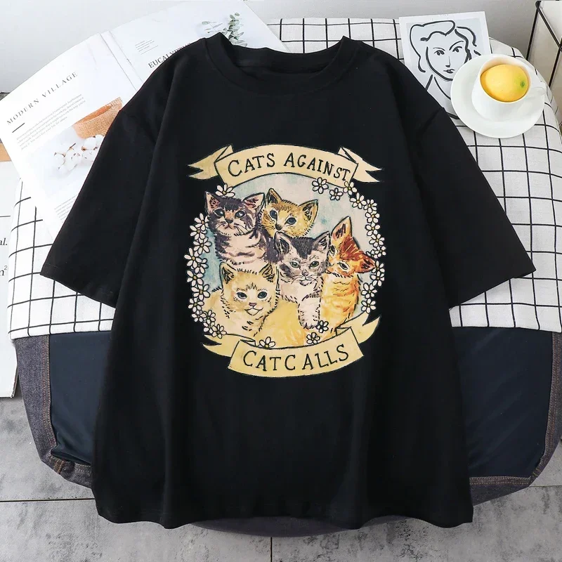 T Shirt Cotton Women Funny Cartoon Cute Cat  Harajuku Ullzang Miyazaki Hayao Tee Studio Ghibli Kawaii Anime Female clothing Tops