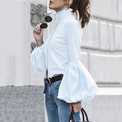 Bonboho Solid Color Buttoned T-Shirt for Women High Neck Lantern Sleeve Slim Fit Work Shirts Urban Female Elegant Blouse