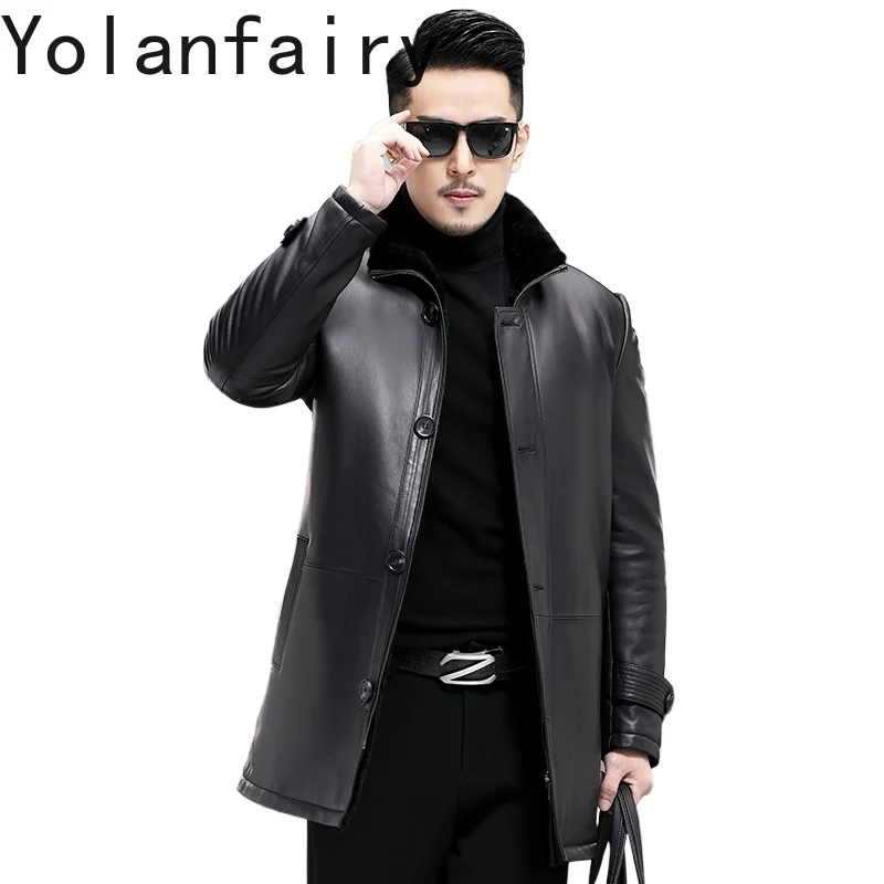 

YOLANFAIRY 100% Real Sheepskin Genuine Leather Jacket Men Winter Wool Lining Coats Mid-long Warm Fur Coat Man Jaqueta Masculina