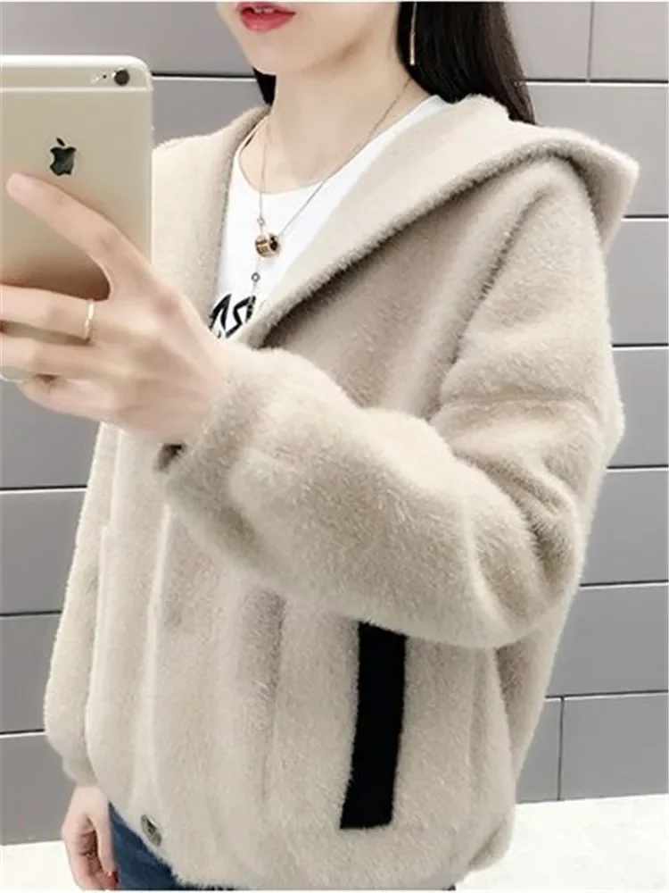 Spring and Autumn Women New Faux Mink Cardigan Patchwork Fur Female Hooded Fashion Knitt Sweater Jacket Single-breasted Outwear