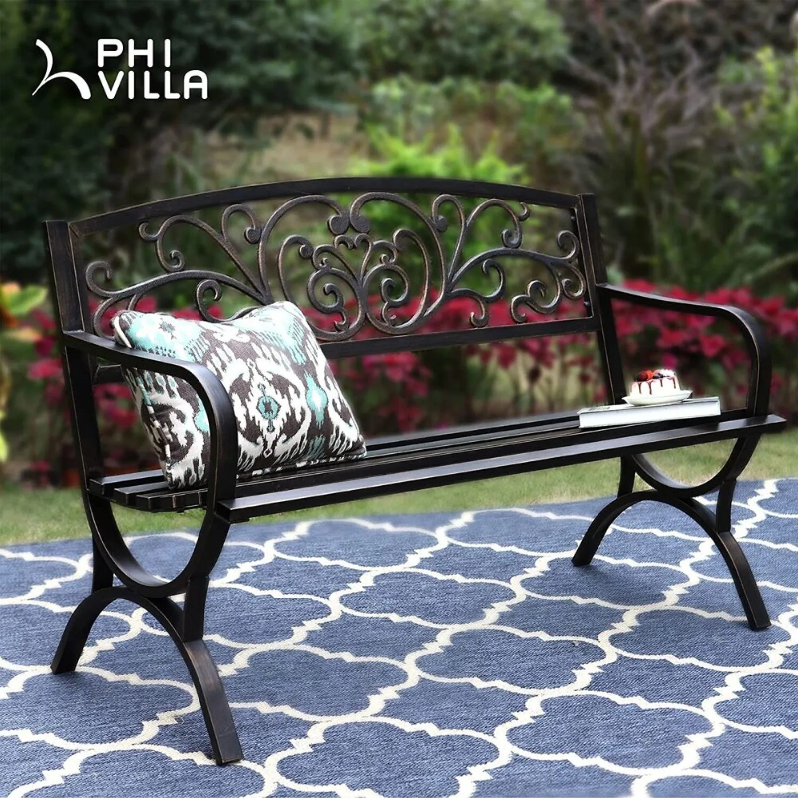 

US Garden Bench Metal Patio Bench Outdoor Porch Park Bench Cast Iron Sturdy Steel..