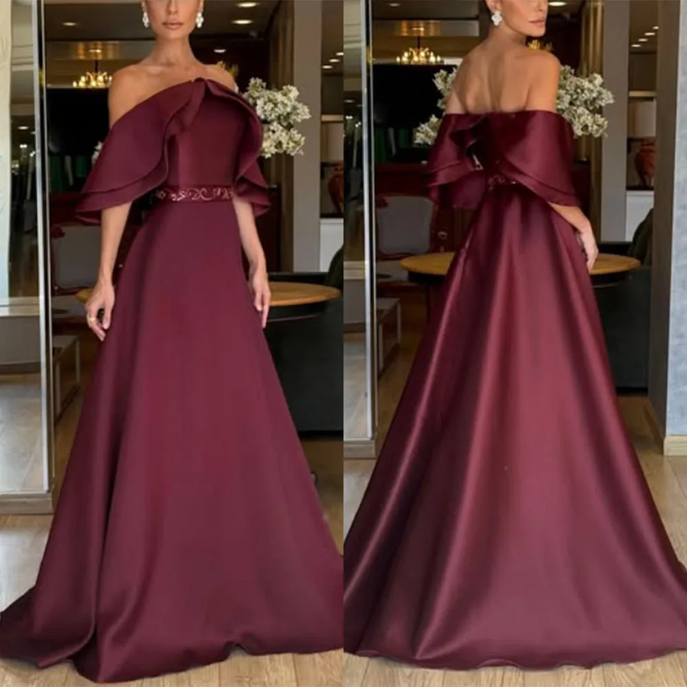 

High Quality Customized Strapless Off Shoulder Floor Length Sweep Train Backless Robe Pour Mariage Invité Femme فستان احمر Prom