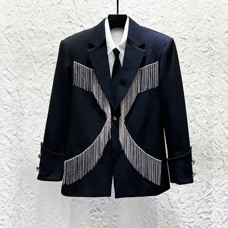 New Personalized Men's Suit Jacket Rock Metal Tassel-decorated Stylish Stage Performance Design Blazer XA3D