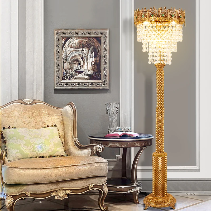 European Home Decor Villa Living Room Crystal Copper Standing Light French Luxury Hotel Corner Brass Floor Lamp