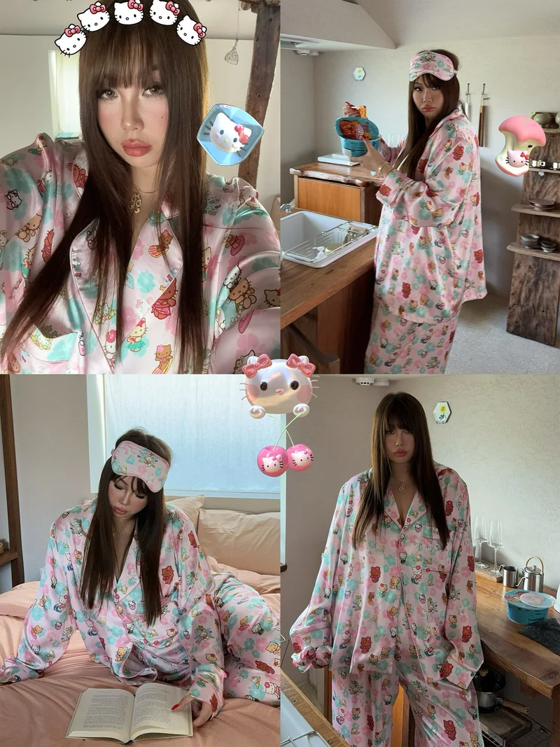 Boolibyoo Pajama Party Hello Kitty Control! Large Ice Silk Imitation Acetate Printed Home Four-Piece Set For Women Spring Gift