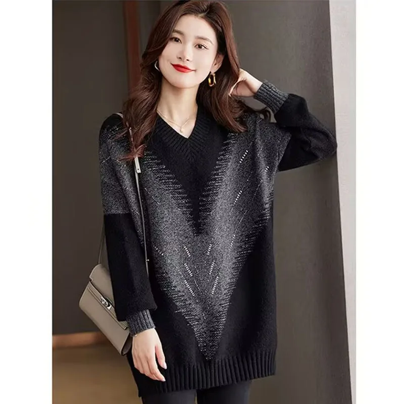 

Women V-neck Sweater Spring Autumn Female Medium Long Styles Knitwear Ladies Large Size 3XL Pullover Knitting Coat 2025