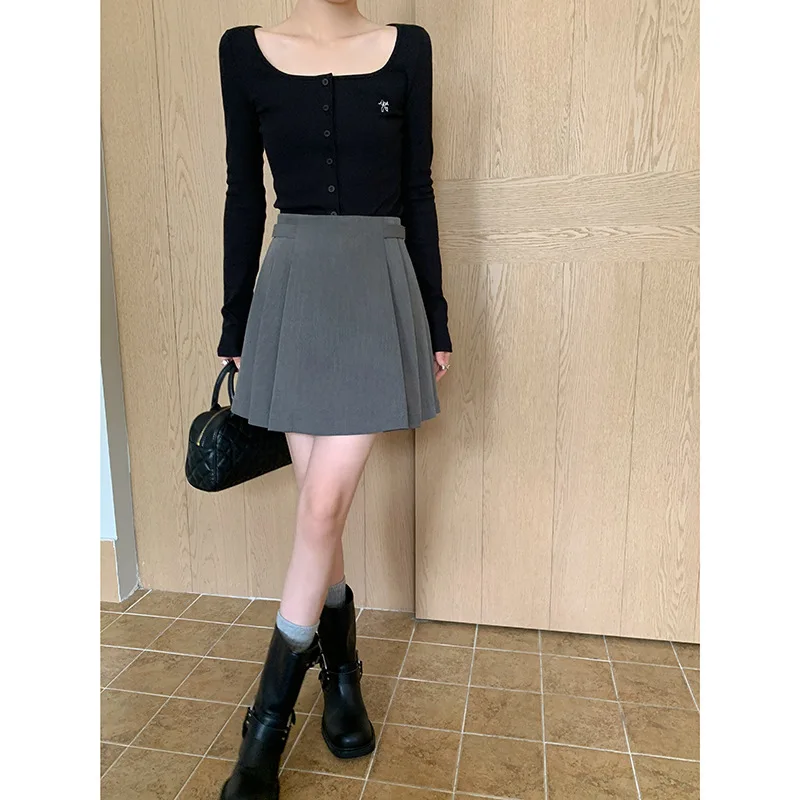 

Hellokay High Waist A-Line Skirt Women's Autumn 2023 New Korean Sle Pleated Slimming Skirt Pure Color Faionable