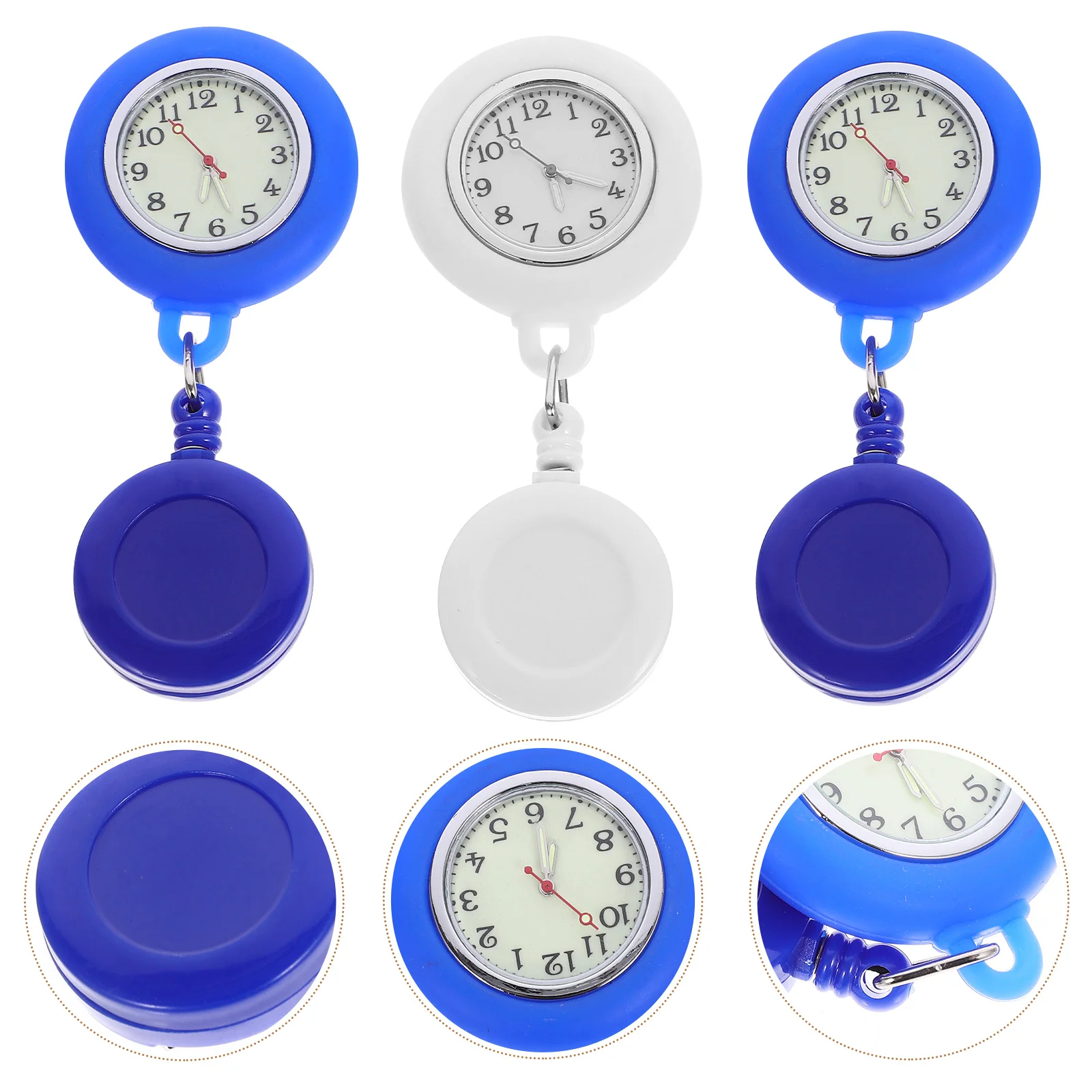 

3Pcs Silicone Nurse Pocket Watch Portable Stretchable Hanging Round Watch Black Light Blue White for Hospital Nurses